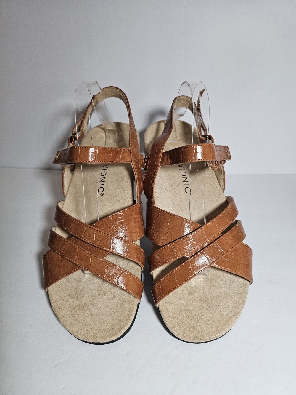 Vionic Tan Croc-Embossed Strappy Slingback Sandals